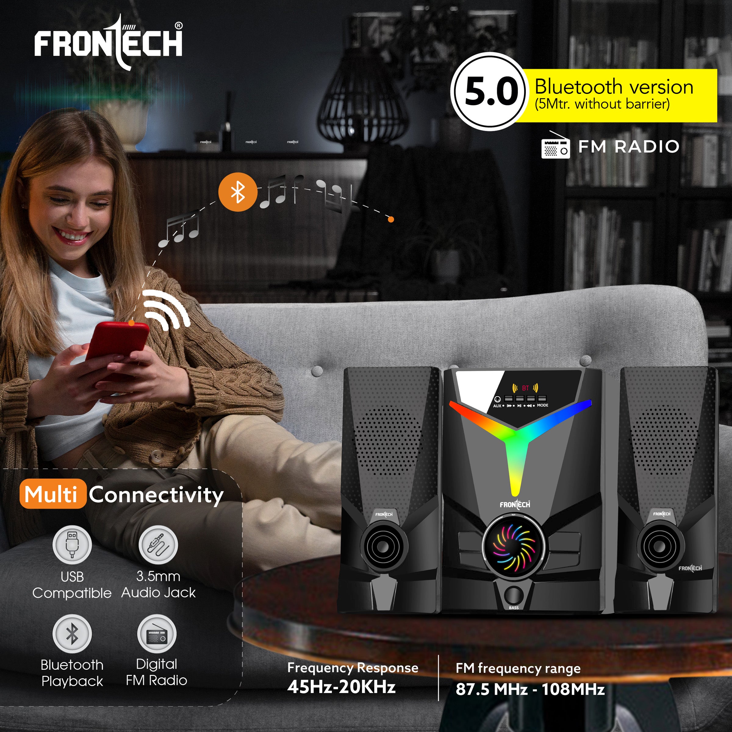 FRONTECH 40W Bluetooth 5.0 Multimedia Speaker| Powerful Bass | 2.1 Channel | Surround Sound System | USB | AUX | FM Radio | Wireless Remote Control for Home & Office (SW-0144) FRONTECH 40W Bluetooth 5.0 Multimedia Speaker| Powerful Bass | 2.1 Channel | Surround Sound System | USB | AUX | FM Radio | Wireless Remote Control for Home & Office (SW-0144)